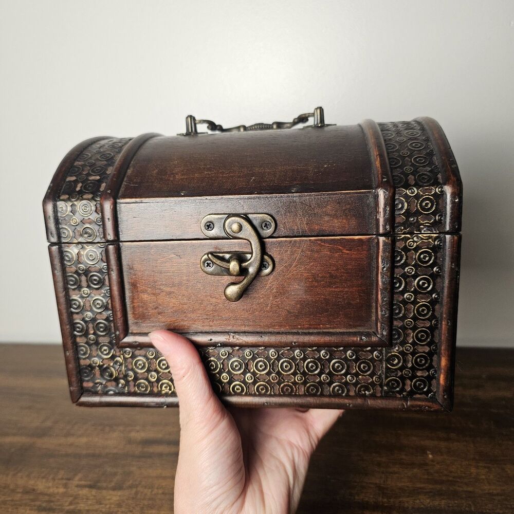 Vintage Ornate Wooden Treasure Chest Jewelry Trinket Box with Metal Trim